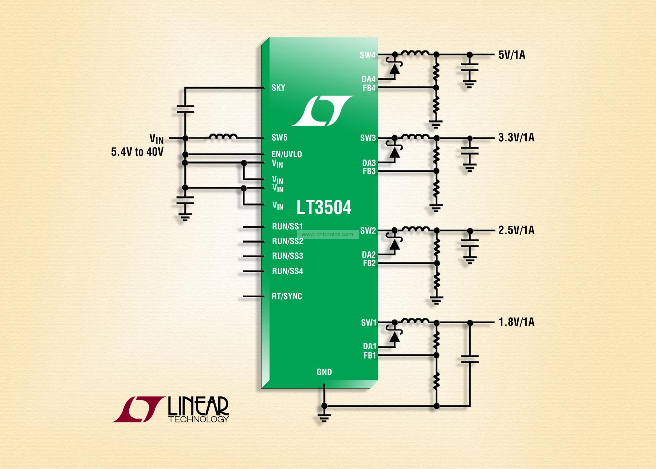 40V、4 通道 1A (IOUT)、2.2MHz 降壓型 DC/DC 轉換器