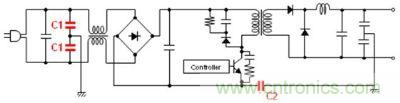車載充電器電源電路例 (C1: AC線路濾波器用Y電容器、C2: 初級-次級耦合用電容器) 