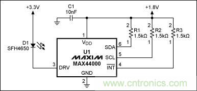 圖1：MAX44000典型電路，包括LED