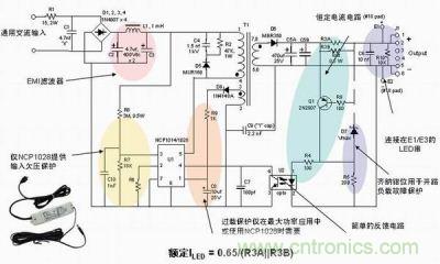 安森美半導(dǎo)體離線式第二代LED驅(qū)動器NCP1014/1028的應(yīng)用示意圖。