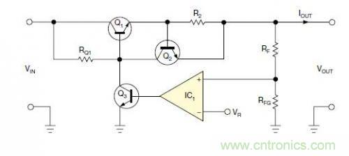 圖1：一個標(biāo)準(zhǔn)的線性穩(wěn)壓器直接將反饋連接到串聯(lián)導(dǎo)通晶體管上。