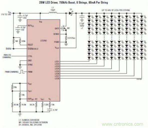 采用 LT3760、效率為 90% 的 28W LED 背光照明電路