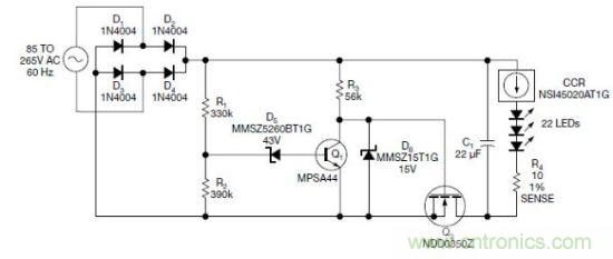 圖1：電路以恒流驅(qū)動(dòng)一串LED，可用于全世界的各種交流電壓