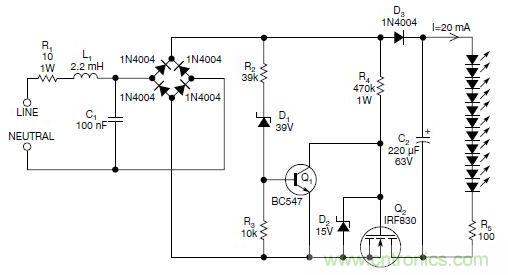 圖2：斬波工作類似圖1中的電路，但以較大的LED串聯(lián)電阻代替了恒流源，提供限流功能