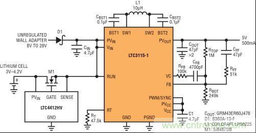 圖7：LTC3115-1與LTC4412HV相結(jié)合，以獲得由單節(jié)鋰離子電池和未穩(wěn)壓交流適配器提供的雙輸入5V電源