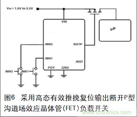 圖6 采用高態(tài)有效推挽復位輸出斷開P型溝道場效應晶體管(FET)負載開關