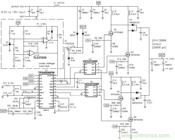 TPS40090 多相降壓控制器的 4 相、300W 升壓電源