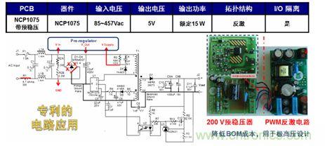 基于NCP1075開關穩(wěn)壓器和200 V預穩(wěn)壓器的極寬電壓范圍15 W參考設計。