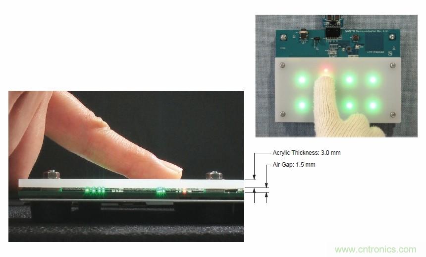 圖7. 安森美半導(dǎo)體電容式觸摸傳感器具有高度靈敏度，支持戴手套觸摸，支持含氣隙應(yīng)用