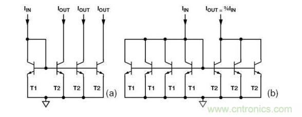 （a） 多級電流鏡 （b） 非整數(shù)比例電流鏡可將3個T2集電極結合起來，得到3IIN