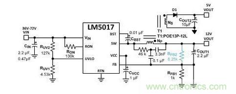 基于 LM5017 的 Fly-Buck 轉換器電路，沒有基于光耦合器的穩(wěn)壓電路