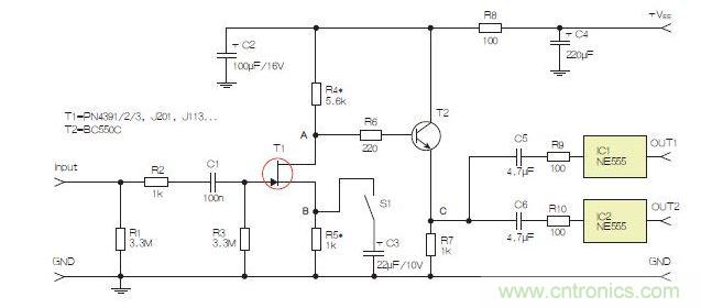 所示電路采用兩個(gè)工作在不同頻率下的555定時(shí)器，以獲取不同的音