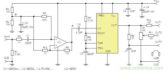 含運(yùn)算放大器和NE555定時(shí)器的耳機(jī)和音頻線路驅(qū)動(dòng)器。也可以使用CMOS版本(如LMC555)，但輸出電流較低。其優(yōu)點(diǎn)為工作頻率較高。