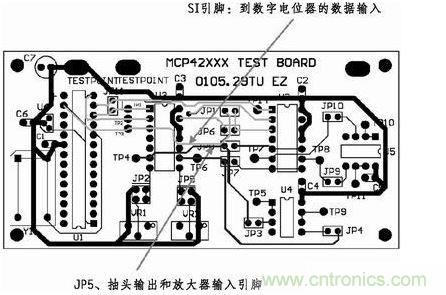 這是對圖2所示電路的第一次布線嘗試。此配置在模擬線路上產(chǎn)生不規(guī)律的噪聲，這是因為在特定數(shù)字走線上的數(shù)據(jù)輸入碼隨著數(shù)字電位器的編程需求而改變。