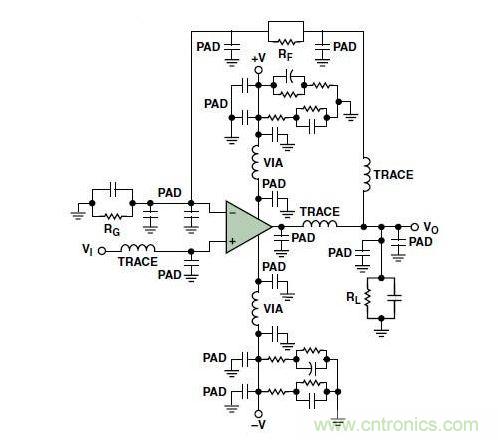 典型的運(yùn)算放大器電路，(a)原設(shè)計(jì)圖，(b)考慮寄生效應(yīng)后的圖