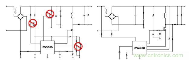 相比前代產(chǎn)品iW3609（左），iW3688（右）采用專利數(shù)字算法，完全消除了外部泄放電路、外部VCC電路和啟動(dòng)電路