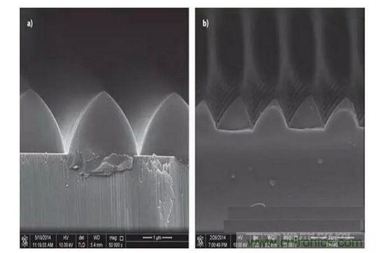 圖案化藍(lán)寶石基板通過光致抗蝕劑掩膜在電感耦合等離子體干法反應(yīng)性腐蝕保持良好剛性結(jié)構(gòu)（如圖a）,然而，如果光致抗蝕劑掩膜的剛性結(jié)構(gòu)在抗蝕過程中沒有得到保持，那么結(jié)果會(huì)很差（如圖b）
