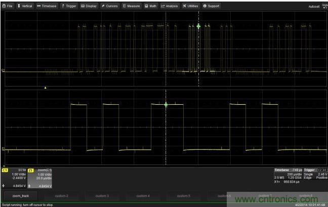 使用CustomDSO運(yùn)行VB腳本“zoom_Track.lss”。當(dāng)腳本運(yùn)行時(shí)，縮放波形的中心將跟蹤水平的光標(biāo)絕對(duì)位置。從圖中可以看出，光標(biāo)將永遠(yuǎn)位于縮放波形Z1的中心