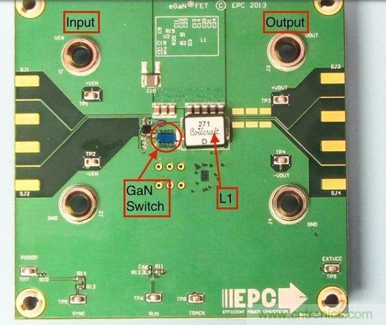 演示板用于顯示GaN的EMI。該GaN組件被圈定，我會在L1左側(cè)測量切換的波形。