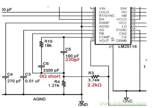 圖4：評估板部分原理圖顯示必須調整分壓器(R3和R4)將輸出電壓從5V改變到3.3V。另外還有其它多處改變。