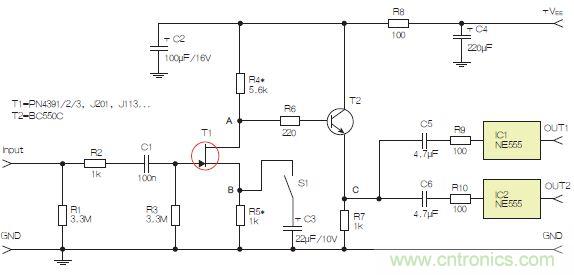 圖3：采用兩個工作在不同頻率下的555定時器電路，以獲取不同的音效。