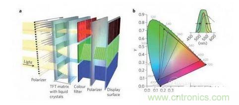  LCD顯示器示意圖。TFT表示薄膜晶體管（thin-film transistor）。