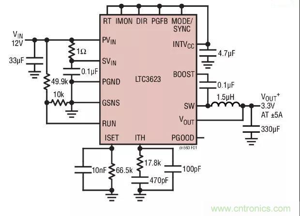 高效率、15V 軌至軌輸出同步降壓型穩(wěn)壓器能提供或吸收 5A